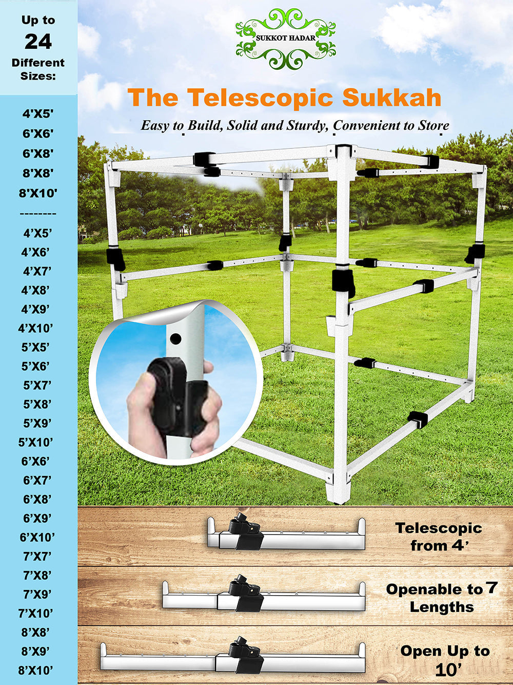 2022 Model - Sukkot Hadar Telescopic Sukkah Set: Portable, Adjustable, Kosher Certified - Expands from 4x5 to 8x10 Feet, Complete with Carry Bag